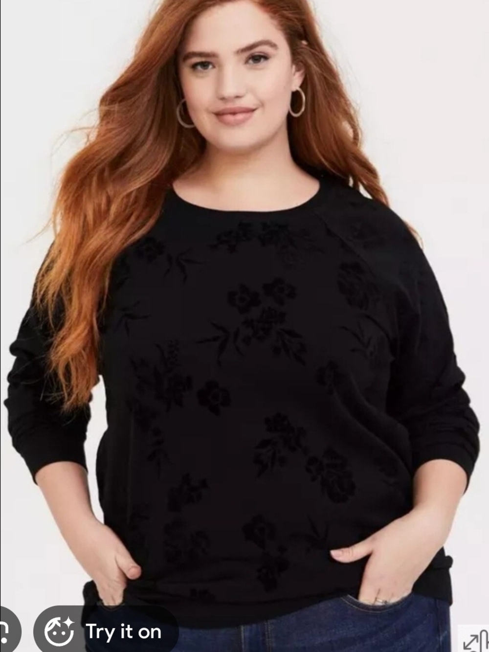 Rare Torrid Black Flocked Floral French Terry Crewneck Sweatshirt